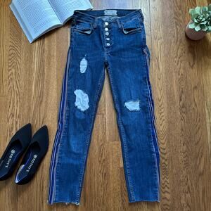 Free People Button Fly Distressed Side Striped Skinny Jeans Raw Hem